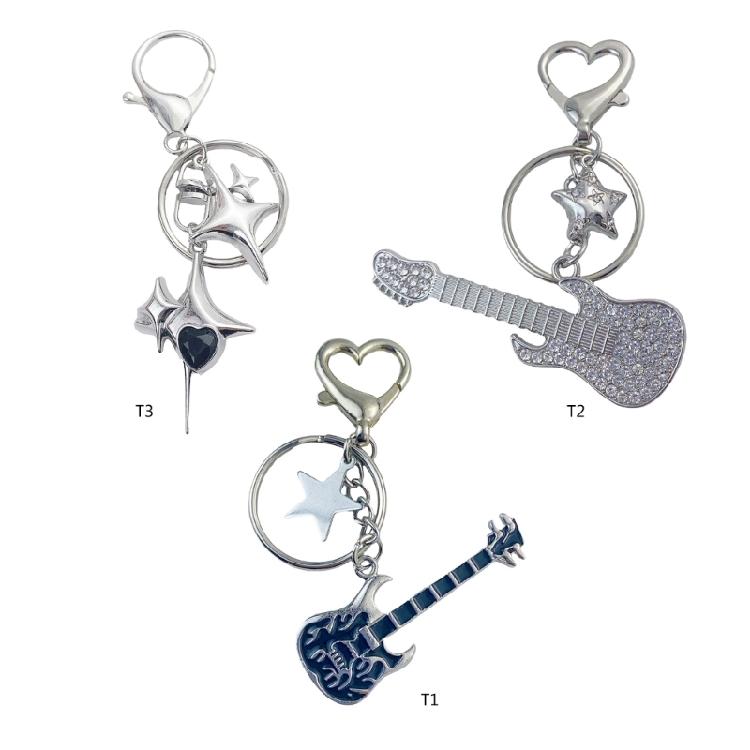 Guitar Pendant Keychain with Shimmering Stones Metal Keyring Sweet Cool Girls Key Chain Lightweight Jewelry for Bag