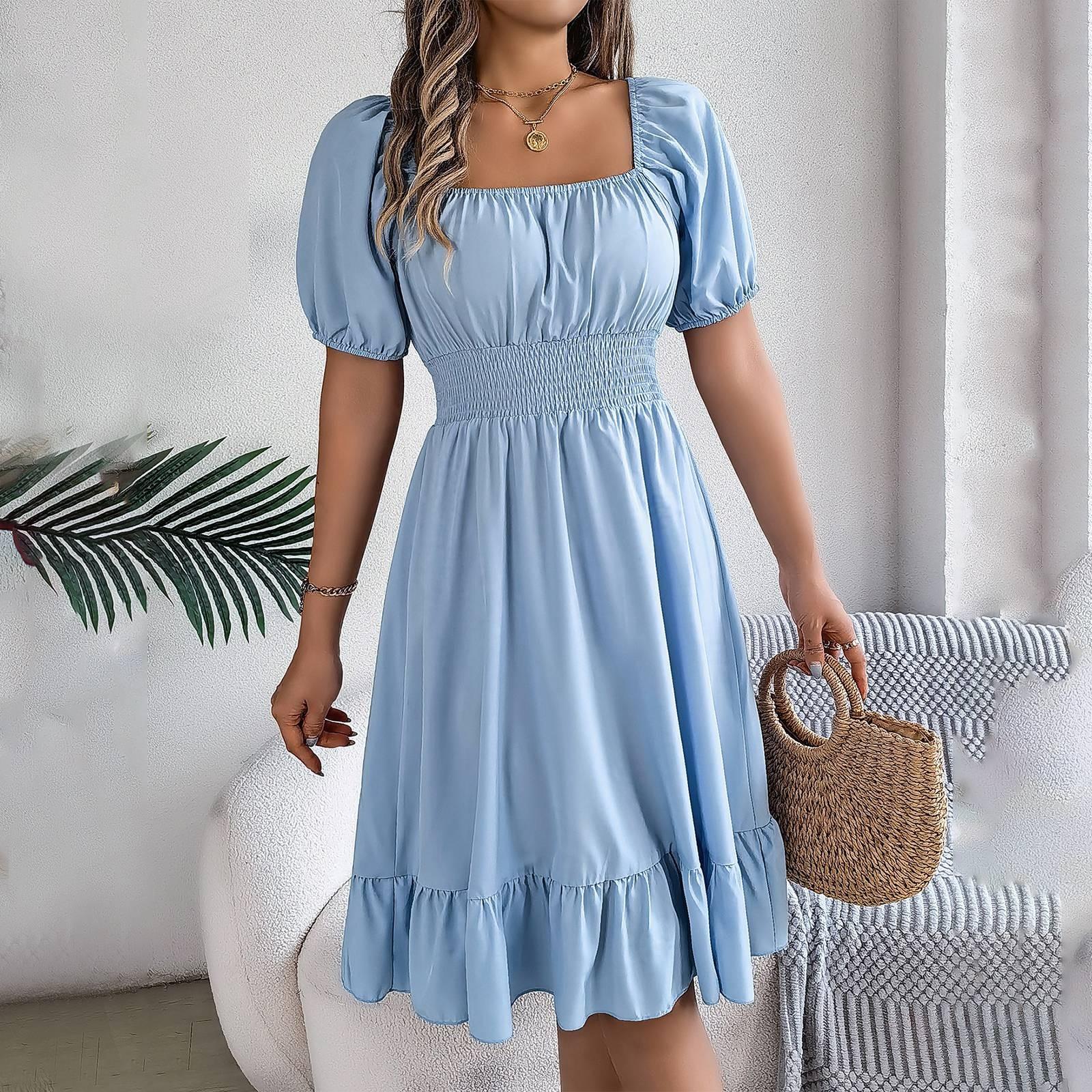 

Женская модная однотонная ретро однотонная юбка трапециевидной формы с квадратным воротником и подолом на талии, платье с короткими рукавами S светло-синий