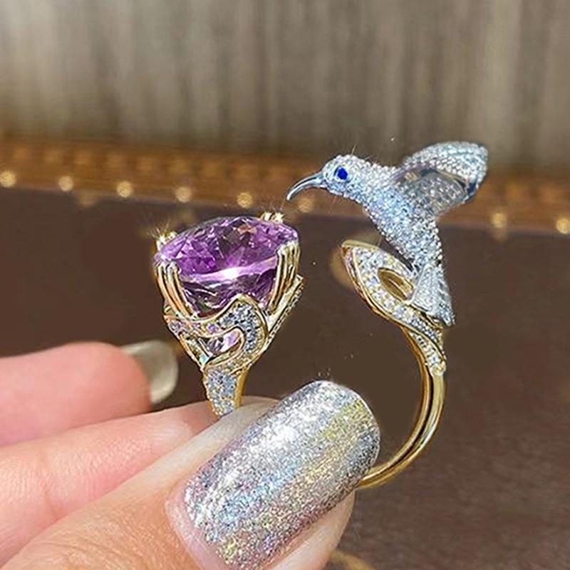 CAOSHI Special Interest Two Tone Adjustable Ring with Green/Purple Cubic Zirconia Trendy Bird Design Party Accessories Jewelry resizable
