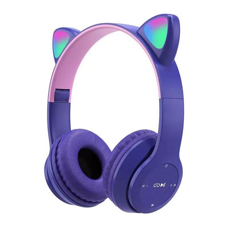 Cute Cat Ear Bluetooth Compatible Headset With Led Wireless Headset Children Girls Stereo Folding Sports Headset With Microphone