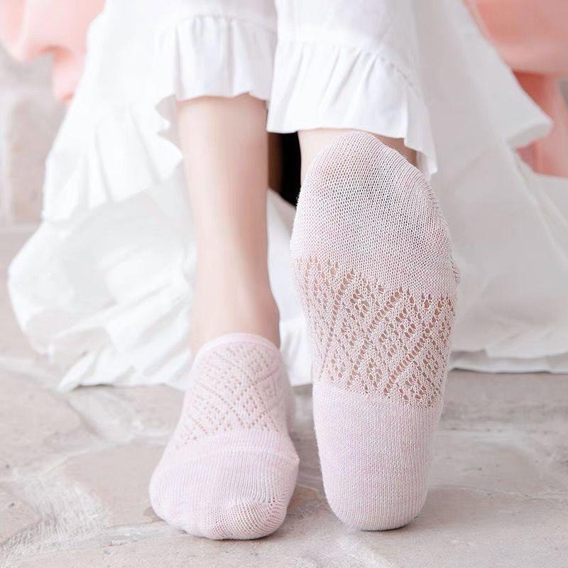 5 Pairs Summer Women's Mesh Cotton Socks Solid Color Silicone Invisible Boat Socks Silicone Non-slip Ankle Socks Deodorant Antibacterial Socks