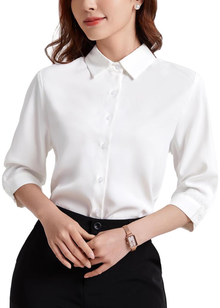 Enmain White Chiffon Dress Shirt Fashion 101S Women's Blouse, 3/4 Sleeve, Office/Commuting, Stylish, Cute, Casual,