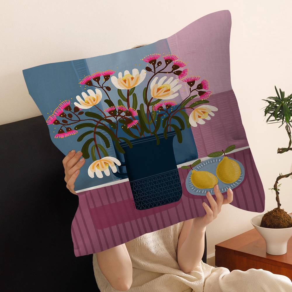 Pink Flower Market Vase Floral Plant Pillow Cover Sofa Cushion Cover Home Room Decoration Children Gift