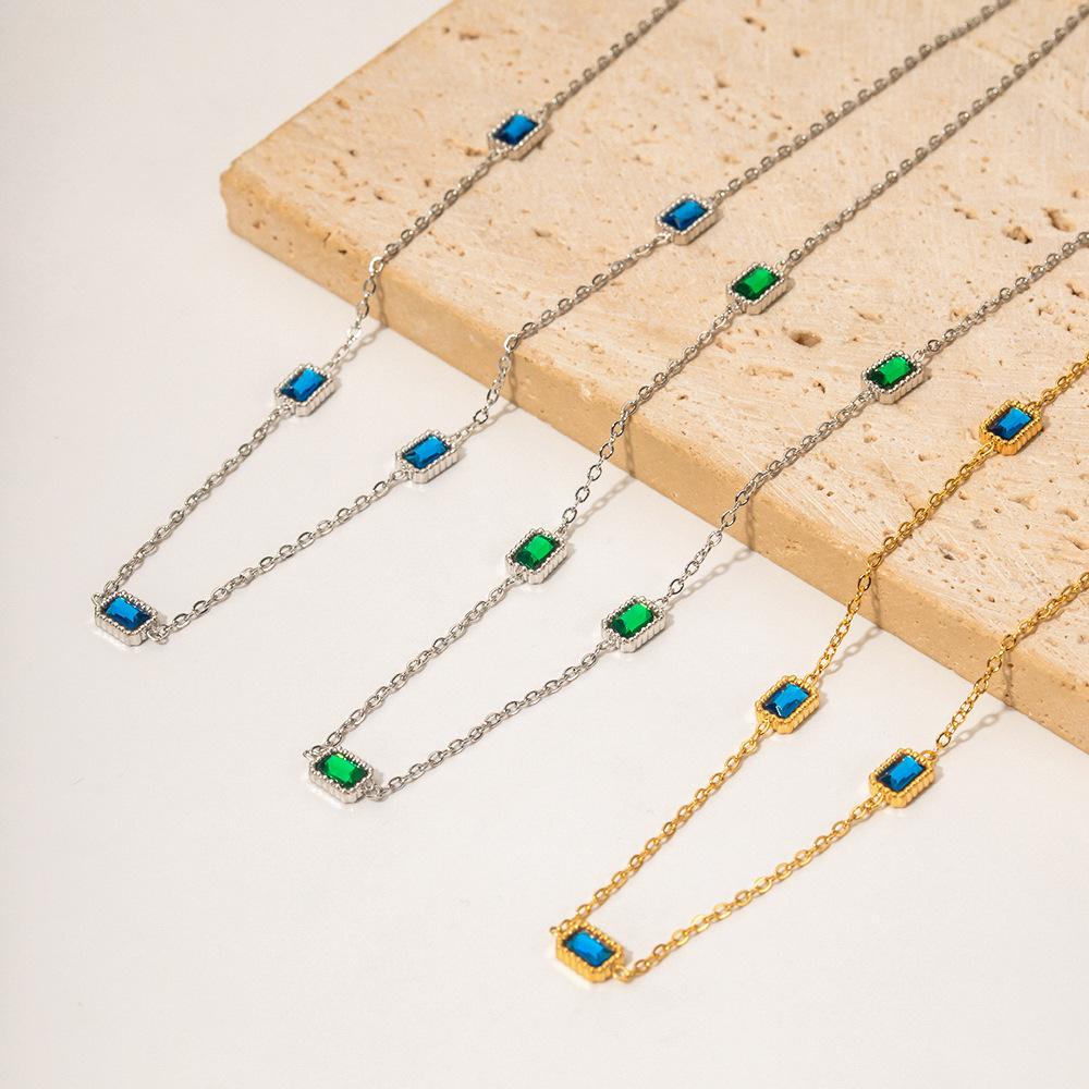 INS wind 14K gold stainless steel multiple square green zircon pendant necklace versatile clothing item