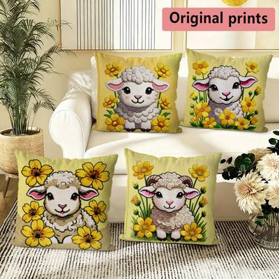 Cute Sheep Floral Spring Throw Pillow Covers Pattern Cushion Cover Suitable For Sofa Bedroom Car Pillow Cover