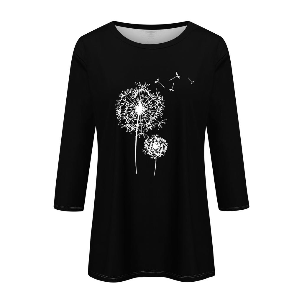 Women's Fashion Casual Round Neck 3/4 Sleeve Loose Printed T-Shirt Ladies Top