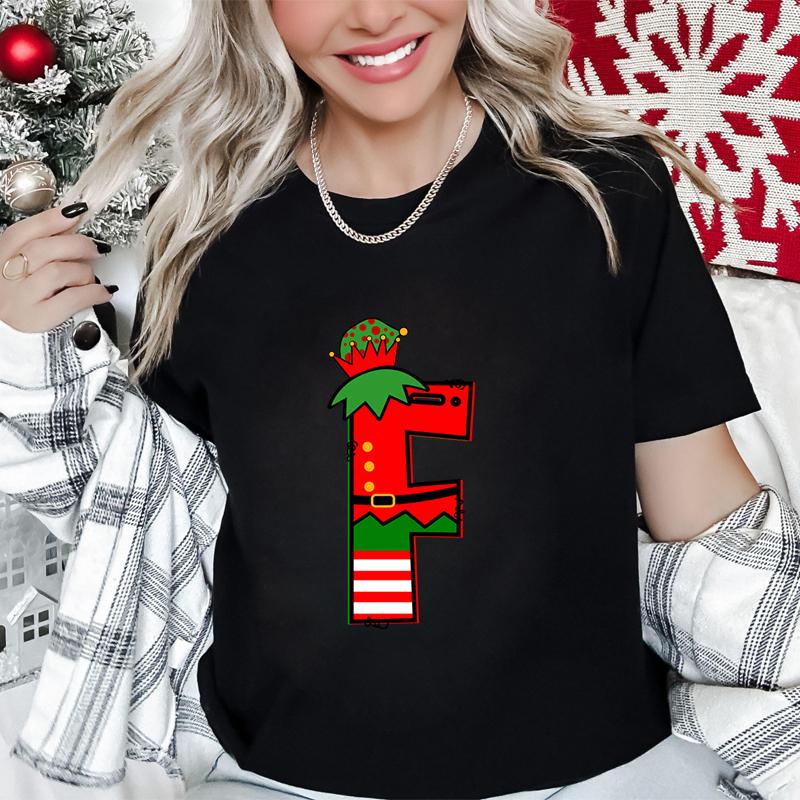 Womens Christmas Alphabet AZ Graphic Print Tshirt Holiday Casual Top with Santa Letters Perfect for Xmas Party Street Wear