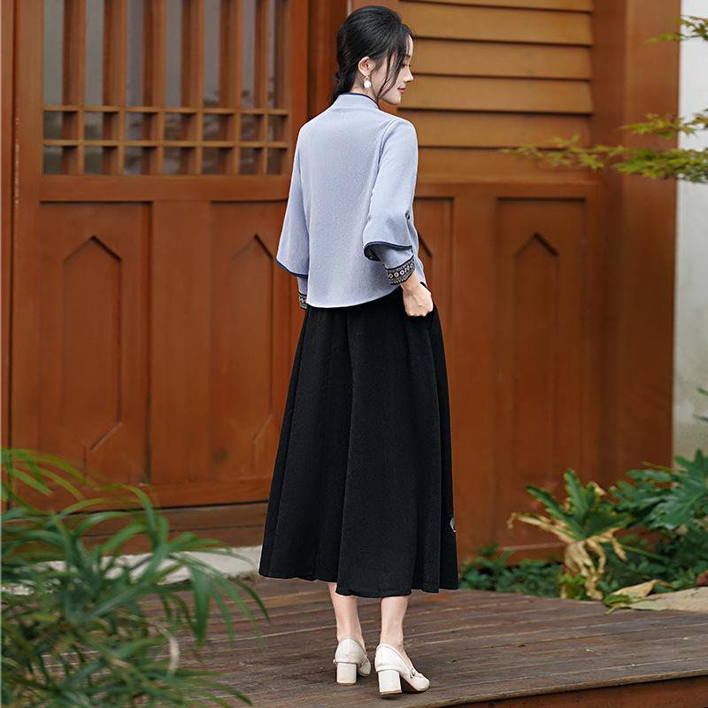 Retro Student Cheongsam Hanfu Women's Two-Piece Set - Diagonal Placket & Frog Buttons Tea Suit