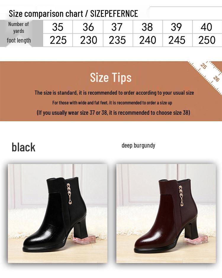 Autumn/Winter 2023 Chunky Heel Ankle Boots - Warm Fleece-Lined Leather Shoes for Middle-Aged Women