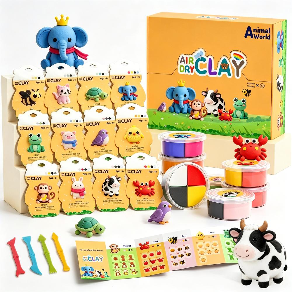 17dílná sada lehké modelovací hmoty se zvířecí tématikou, 4 přihrádky, kreativní DIY hračka, pěkný dárek pro děti různobarevná