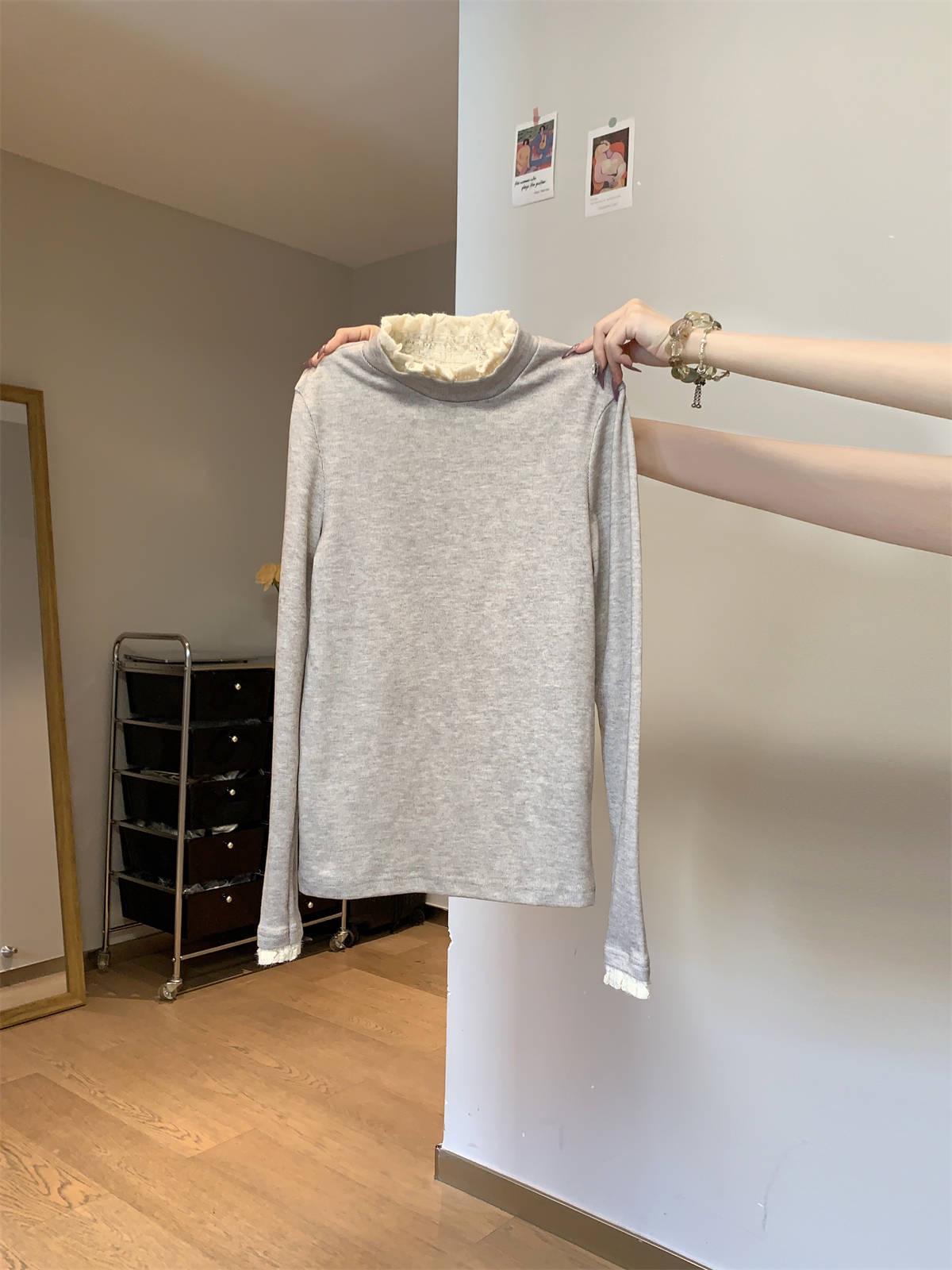 

Кружевной базовый топ с полувысоким воротником и длинным рукавом для женщин - Модный осенне-зимний многослойный топ Small