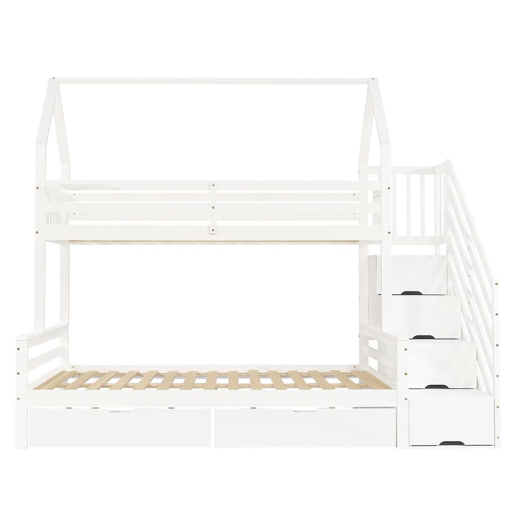 Letto a Castello per Bambini, Due Cassetti su Ruote, Design a Tetto, con Sponda di Sicurezza e Armadio a Gradini, Pino + MDF + Compensato, Bianco, 90x200cm e 140x200cm