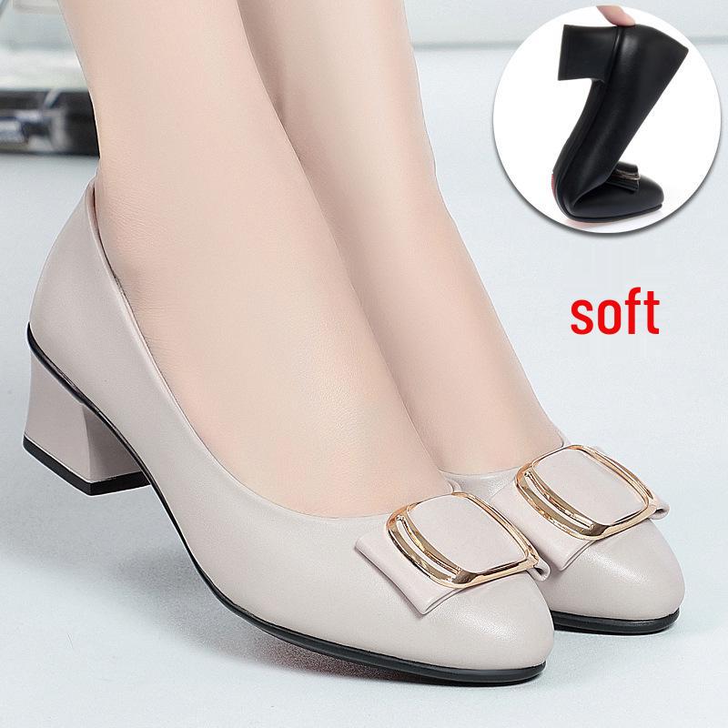 Four Seasons Women's Burgundy & Beige Leather Pointed-Toe Low-Cut Pumps with Medium Thick Heels.