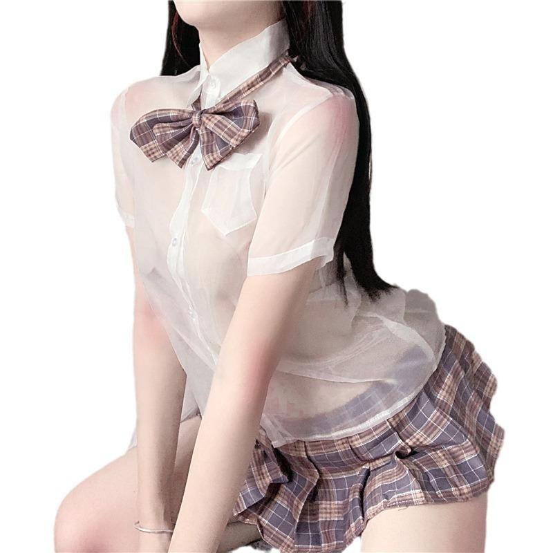 Sexy Underwear Plaid Short Skirt Shirt Perspective Sexy Senior Uniform Bow Tie Pleated Skirt J Outfit Temptation