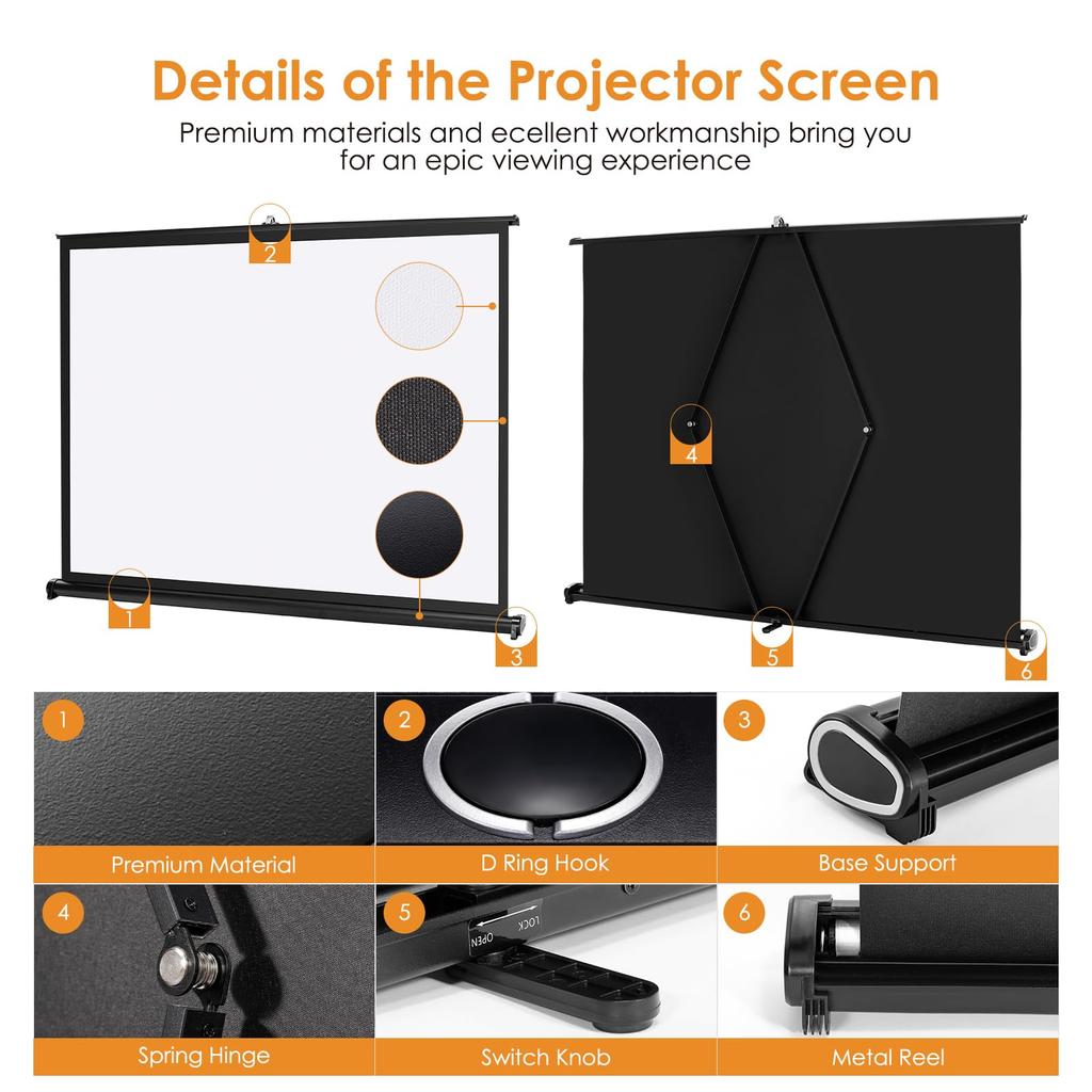 Ecran Proiector Docooler Ecran pentru Proiector de 50 Inch Ecran Portabil HD Proiecție Montat pe Perete pentru Home Theater Exterior Agățat, Proiector, 169