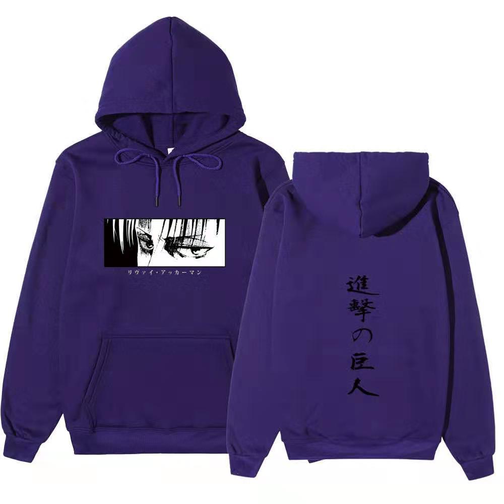 Attack On Titan Levi Ackerman Hoodie Unisex Fleece Sweatshirt Front Manga Eyes Print, Back Japanese Text, Autumn Winter Casual Pullover