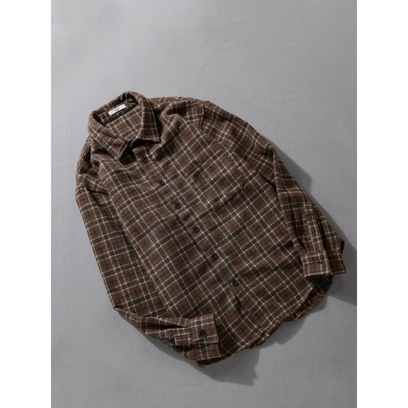 Autumn and Winter Brushed Woolen Gingham Men's Clothing Long Sleeve Shirt Coat Japanese-Style Retro Men Casual Shirt Thickened New