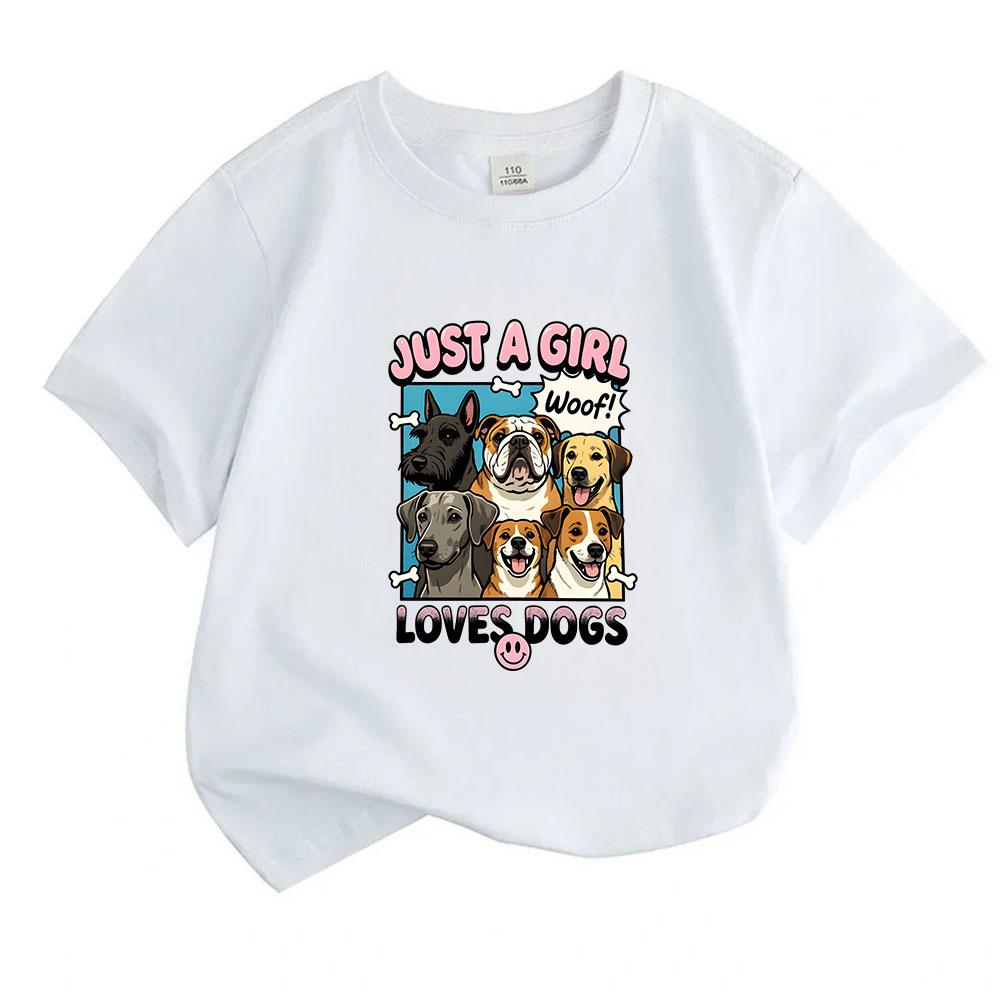 Kids Boys Girls 100% Cotton Crew Neck Short Sleeve T-Shirt, Just A Girl Loves Dogs Print Casual Cute Puppy Animal Pattern Comfortable Breathable Summe