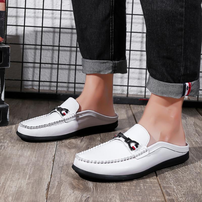 Fashion Genuine Leather Mens Slip on Shoes Fashion Men Half Loafers Slides Breathable Mules for Man Flats New Breathable Dress Shoes