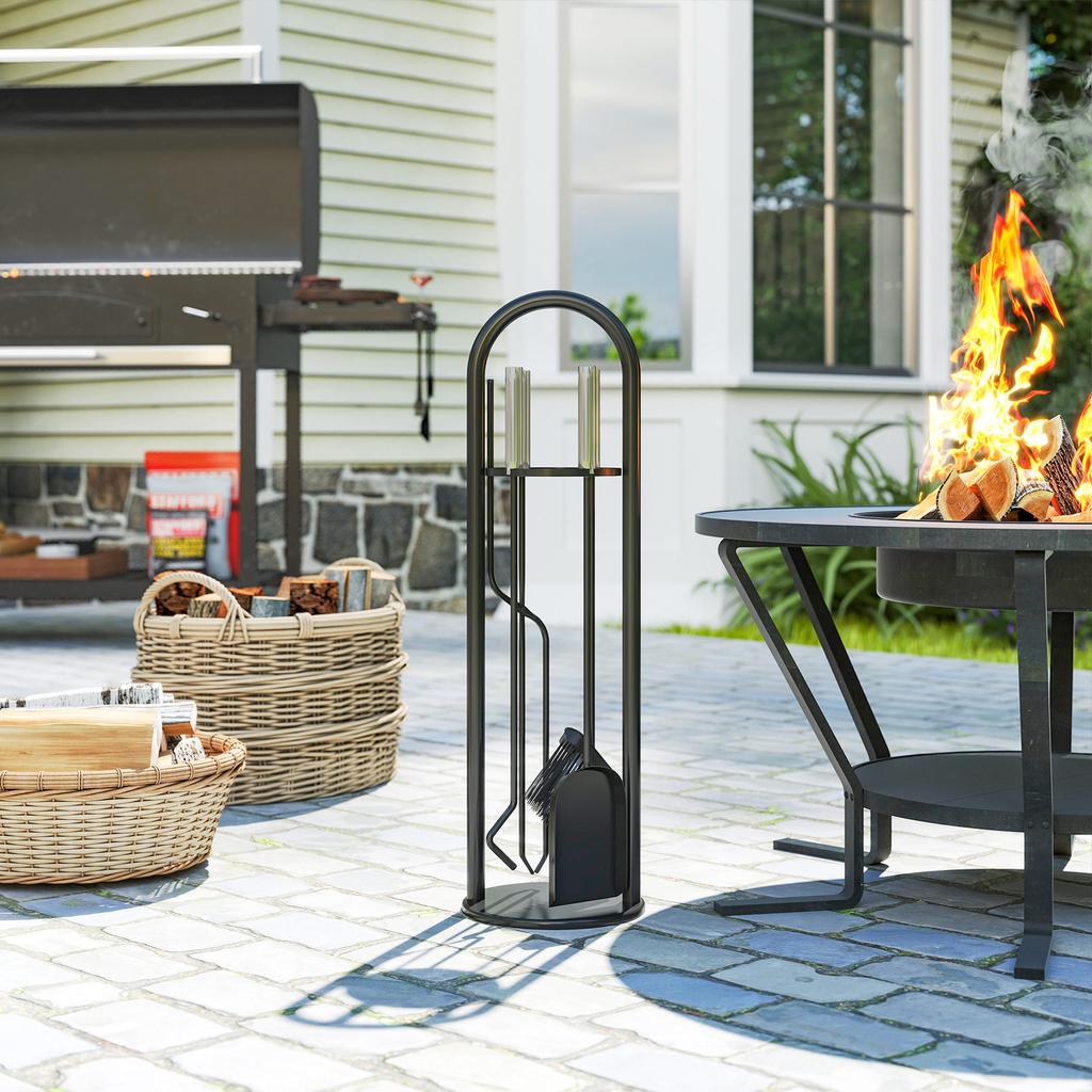 5 Pieces Fireplace Tools Set, Metal Fireplace Accessories Fireside Companion Set with Broom, Shovel, Poker and Bucket, Silver