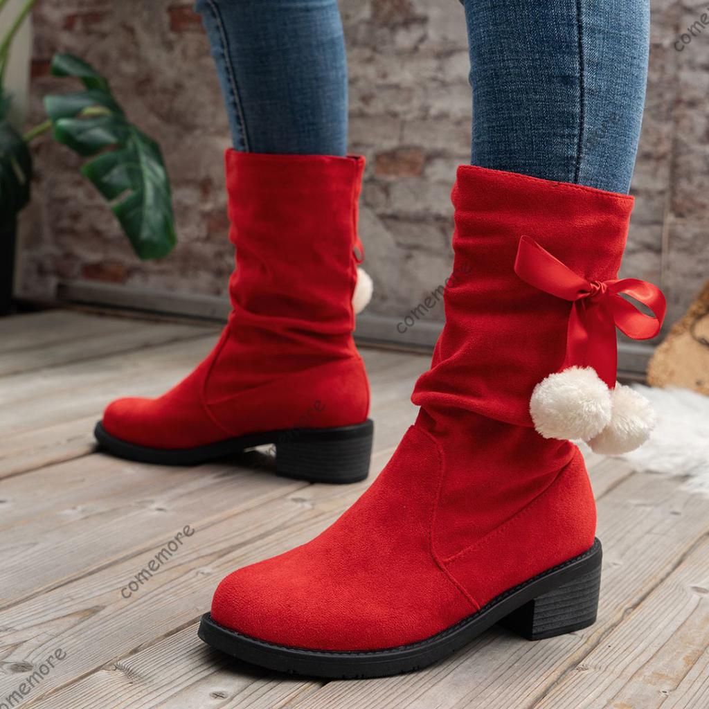 Comemore Winter Women's Fluffy Bowknot Ball Decor Boots Slip On Casual Chunky Heeled Red Suede Botas Christmas Mid Calf Boots