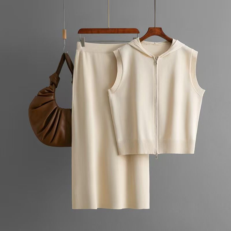 

Fashion Style New Arrival Knitting Hooded Vest Skirt Two-Piece Suit Knitted Vest and Skirt Set Apricot All yards