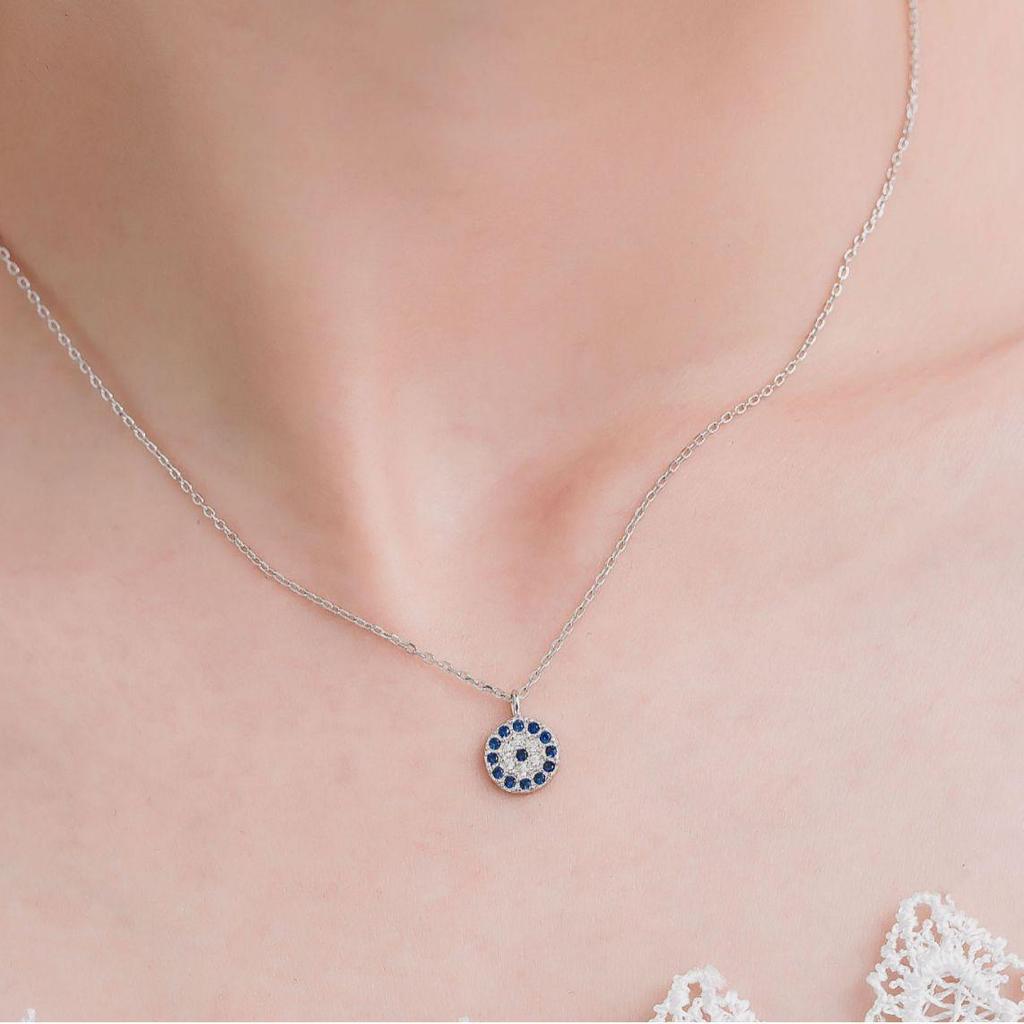 S925 Silver Evil Eye Necklace with Blue Eyes and Diamond-Set - Korean Style Simple Clavicle Design