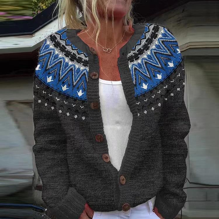 Women's Pink V-Neck Knit Cardigan with Jacquard Floral Pattern