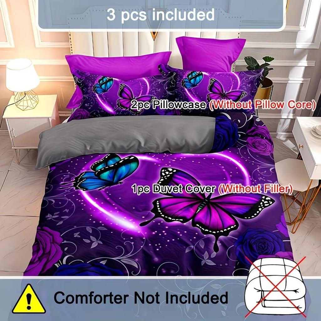 Butterfly Rose Floral 3pcs Duvet Cover Set, Butterfly Rose Floral Duvet Cover Set Unfilled, Duvet Cover Set Twin/Full/Queen/King