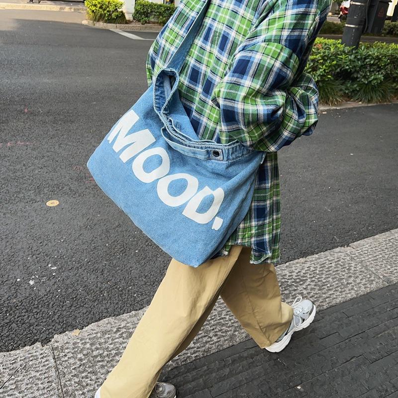 Letter Print Denim Crossbody Bag Large Capacity Student Shoulder Bag Men's Women's Handbags