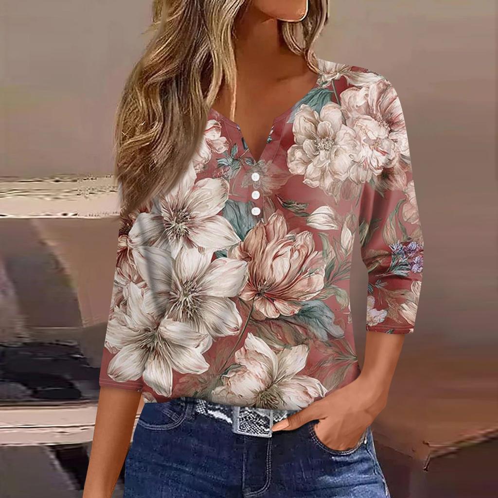 Damemote Uformelt blomstertrykk V-hals dekorativ knapp med trekvart ermet T-skjorte