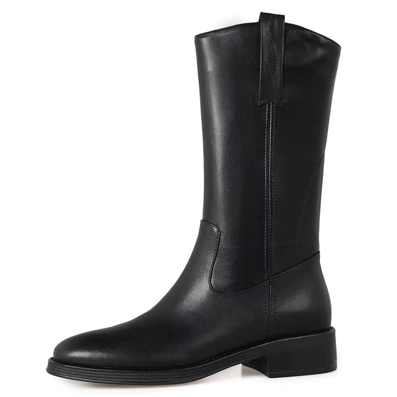 

Новые зимние женские сапоги, модные и универсальные, с круглым носком, однотонные, кожаные, с толстым каблуком, рукавом, женские сапоги до середины икры 40