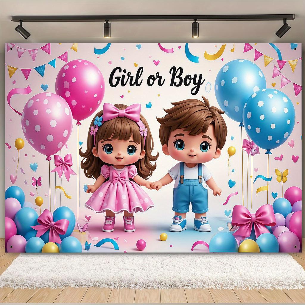 2D flat gender reveal party fabric combined with colorful balloons and ribbons is suitable for family celebration events.