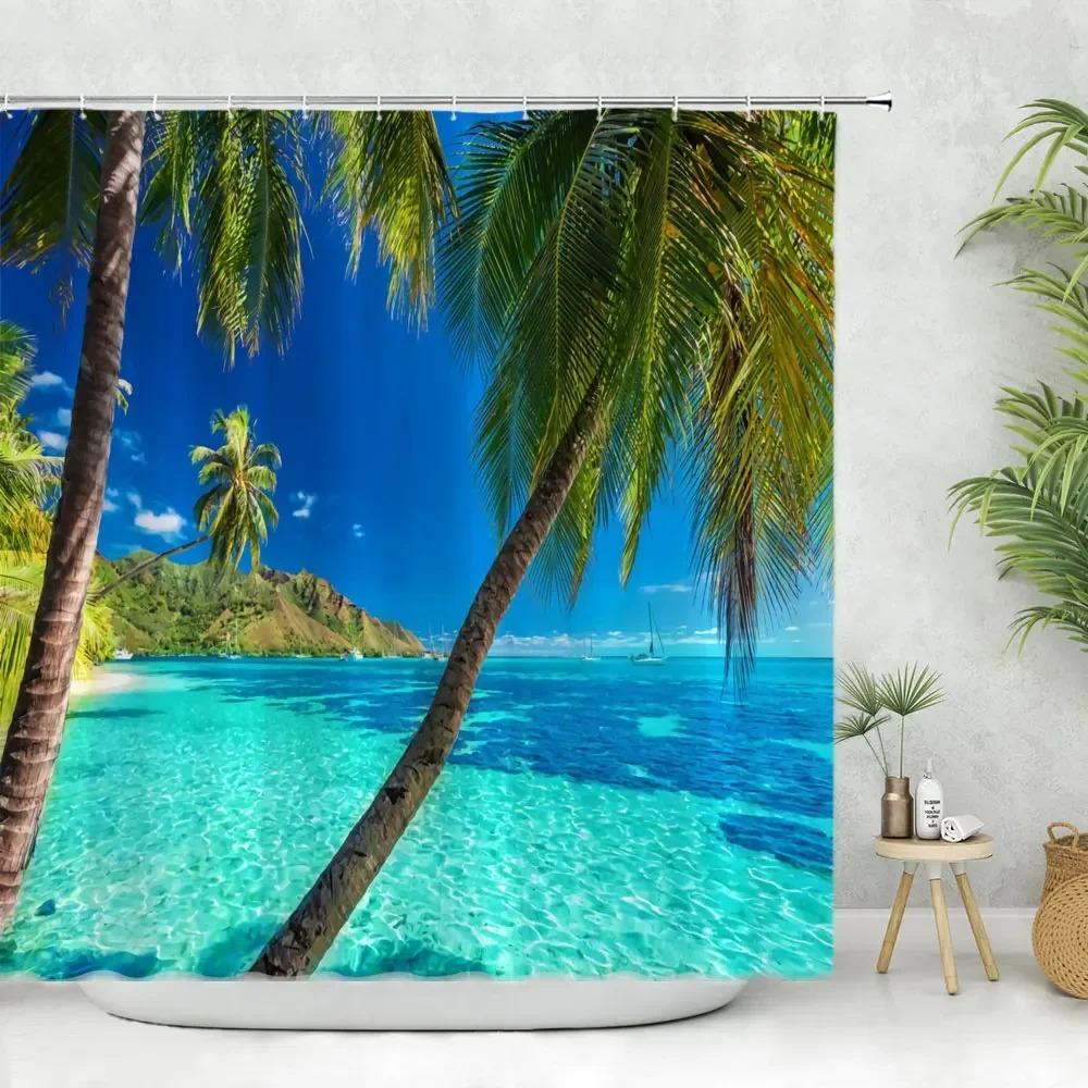 Paesaggio Marino Tenda da Bagno Doccia Tenda da Doccia Tropicale Oceano Spiaggia Foglia di Palma Lavabile Tende da Bagno Tessuto in Poliestere Decorazione per la Casa
