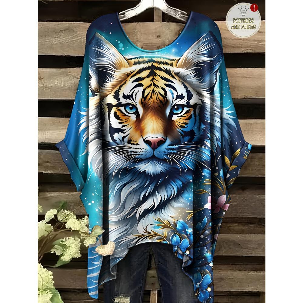 Summer Large Size Starry Sky Flower Sea Tiger King Pattern Printed Bat Sleeve Crew Neck T-Shirt