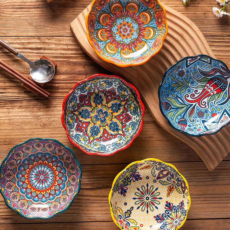 Bohemian Ceramic Rice Bowl Value Fruit Salad Bowl Creative Retro Household Noodle Eating Rice Small Bowl Kitchen Tableware New