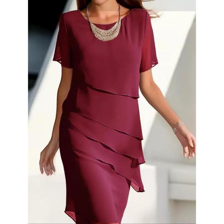 Women's Fashionable Spring Summer Casual Dress Comfortable Round Neck Short Sleeved Solid Color Ruffle Edge Flash New
