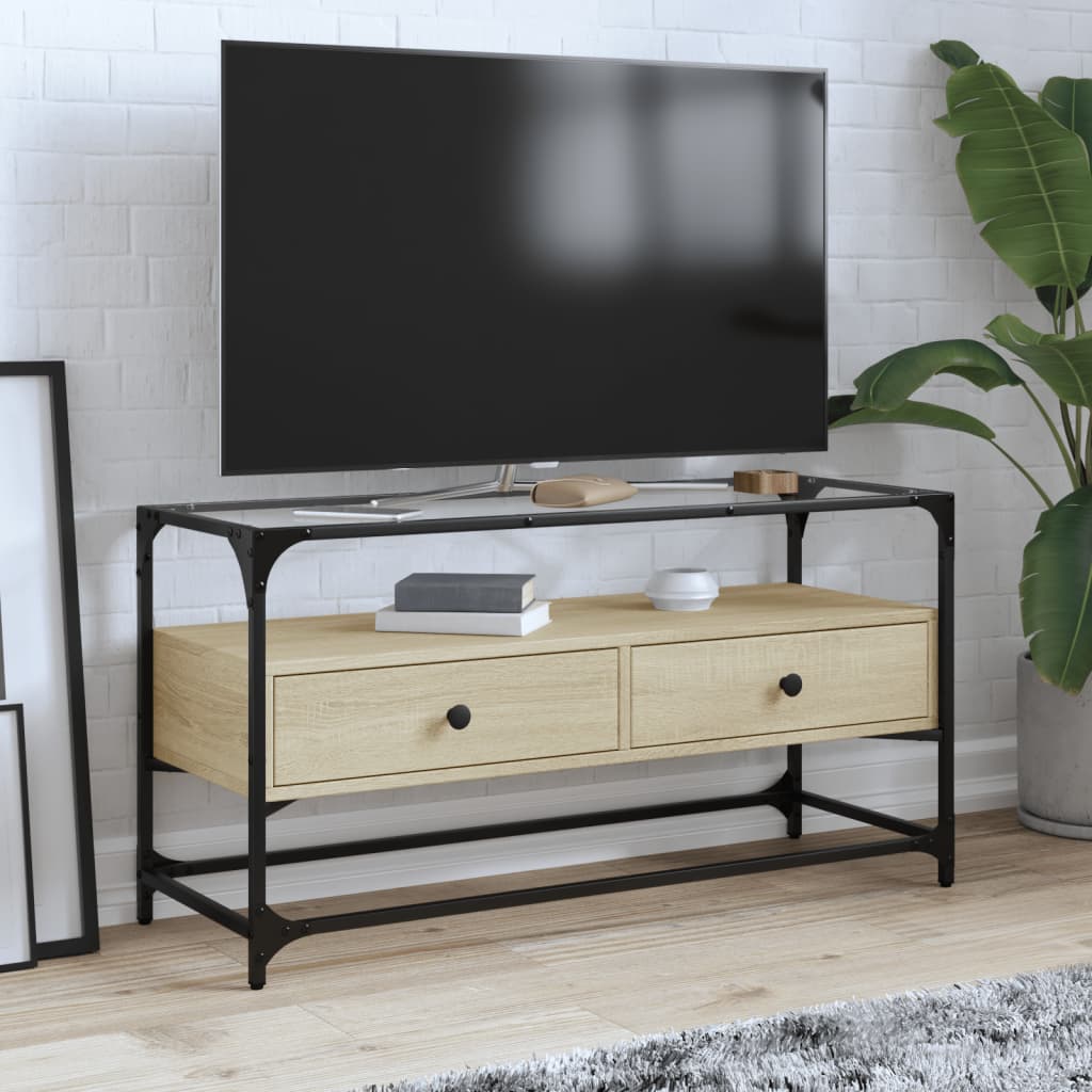 TV Cabinet with Glass Top Sonoma Oak Finish 98 X 35 X 51 Cm Engineered Wood