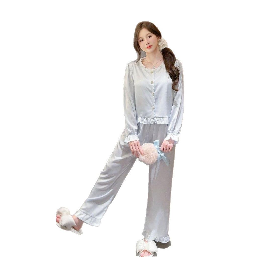 Spring and summer ice silk long-sleeved trousers ice and snow silk pajamas set solid color simple atmospheric lace loungewear can be worn outside