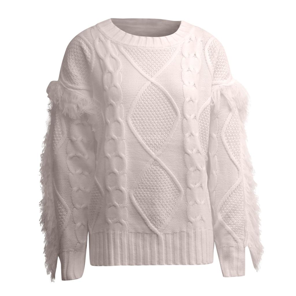 Women's Sweater Casual Round Neck Knit Solid Color Long-sleeved Tassel Pullover