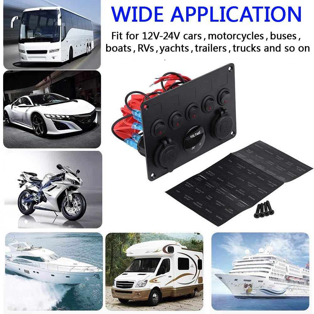 Boat Switch Panel Car Switch Panel Waterproof Digital Voltmeter Dual USB Port 12V Outlet Combination Marine LED Rocker 5 Gang