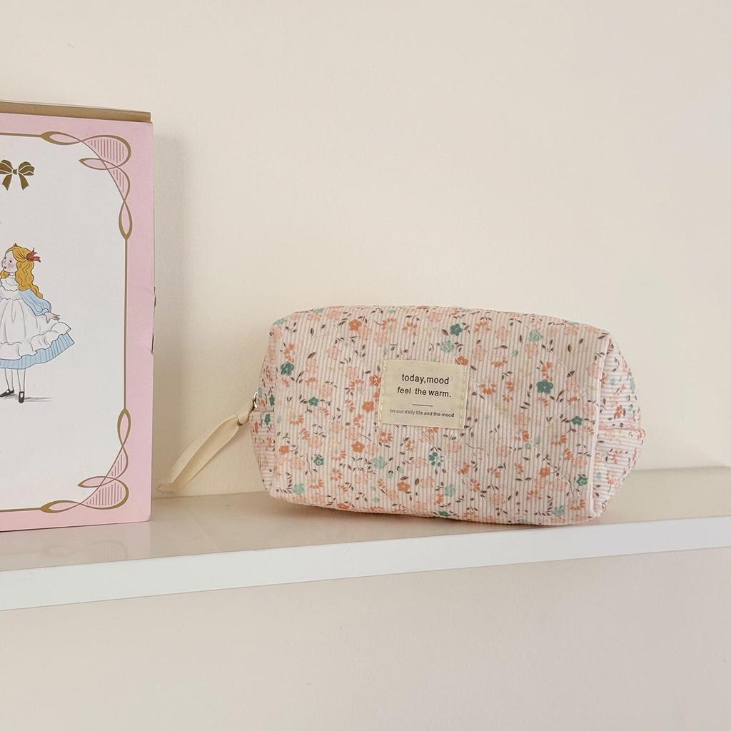 Vintage Floral Corduroy Makeup Bag - Large Capacity, Portable Cosmetic Storage Clutch