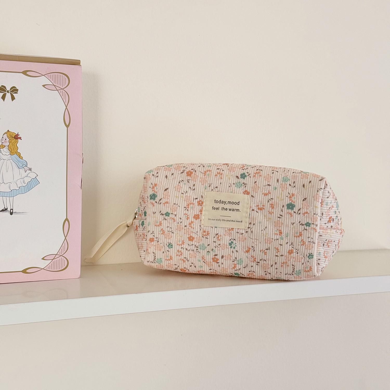 Винтажная вельветовая косметичка с цветочным принтом - Большая вместимость, Портативный клатч для хранения косметики