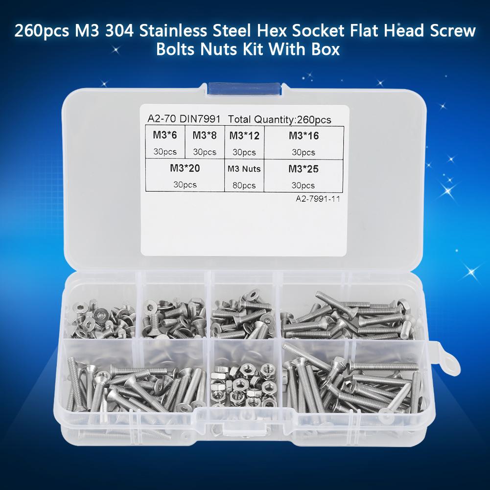 260pcs M3 304 Stainless Steel Flat Head Hex Socket Screw   Nuts Kit, Designed for Industrial and Construction Fasteners