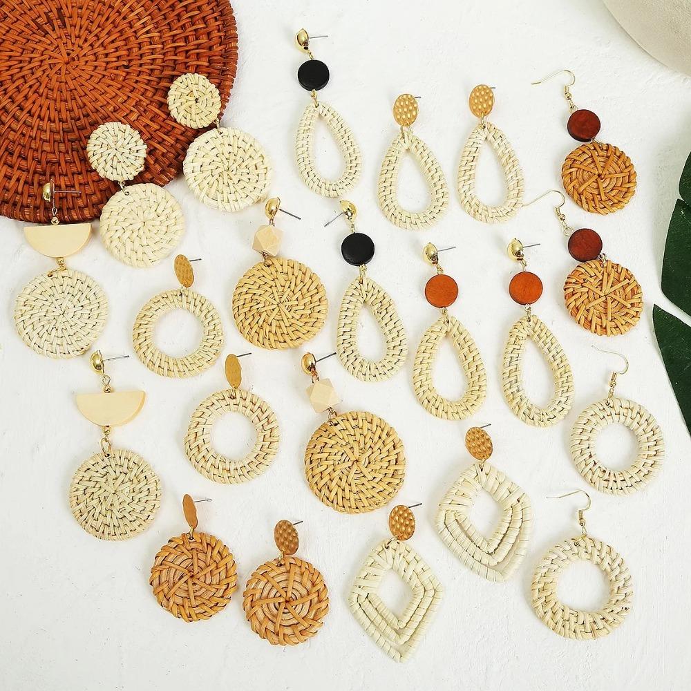 Personality Bamboo Rattan Hand-woven Geometry Drop Dangle Earrings for Women Temperament Summer Beach Stud Jewelry Holiday Gift