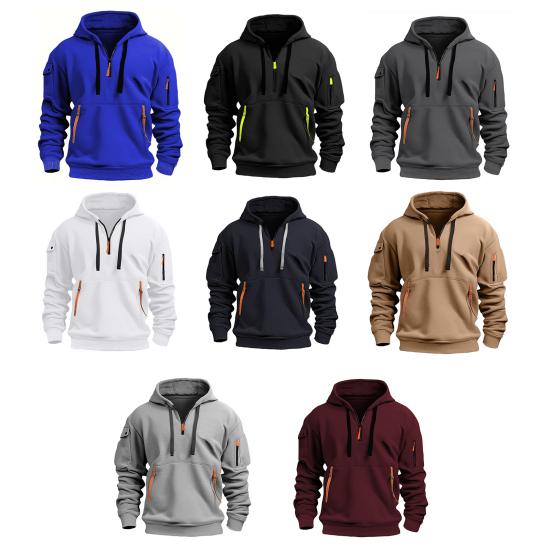 Yousheng Men Hoodie Zipper And Strap Decor Drawstring Hooded Top Fall Spring Winter Patchwork Pullover Hoodie with Elastic Cuffs for Outdoor School