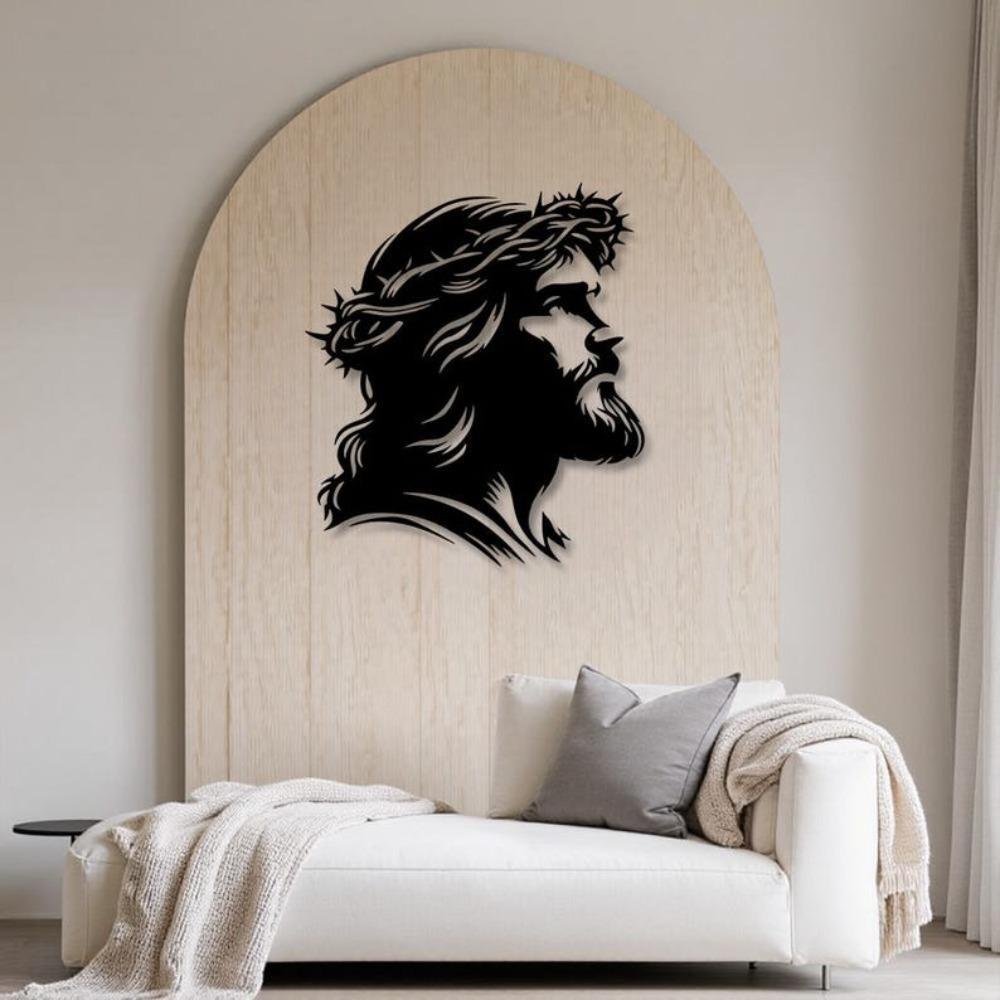 Silhouette Métallique Jésus Art Mural Décoration Chrétienne Religieuse avec Couronne d'Épines Croix Minimaliste Suspendue pour Salon Chambre à Coucher