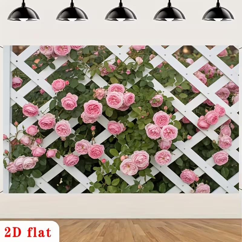 2D White Lattice Fence Pink Rose Floral Garden Backdrop