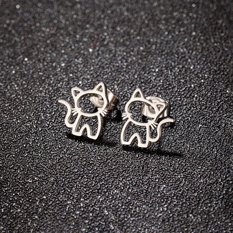 1Pair Cute Cartoon Cat Stainless Steel Stud Earrings For Men Women Punk Trend Fashion Small Ear Studs Jewelry Accessories Gifts