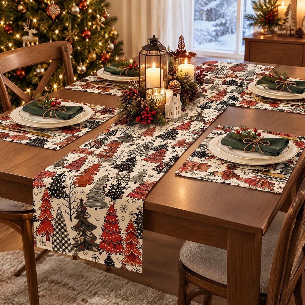 Christmas Table Runner and Placemat Set for Winter Holiday Dining Table Decoration, 5